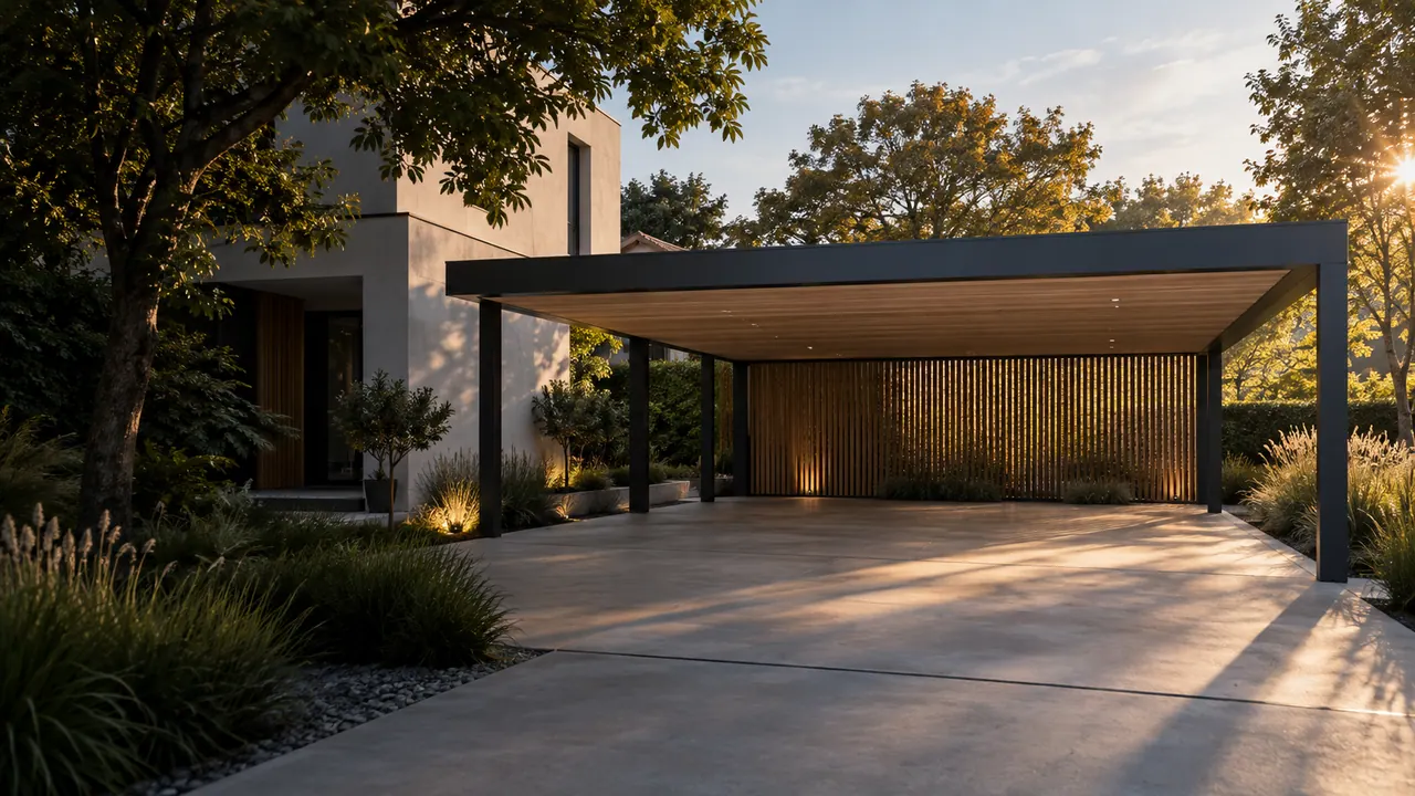 Architektonische Visualisierung eines modernen Carports aus anthrazitfarbenem Metall mit Holzlamellen an einem Eigenheim